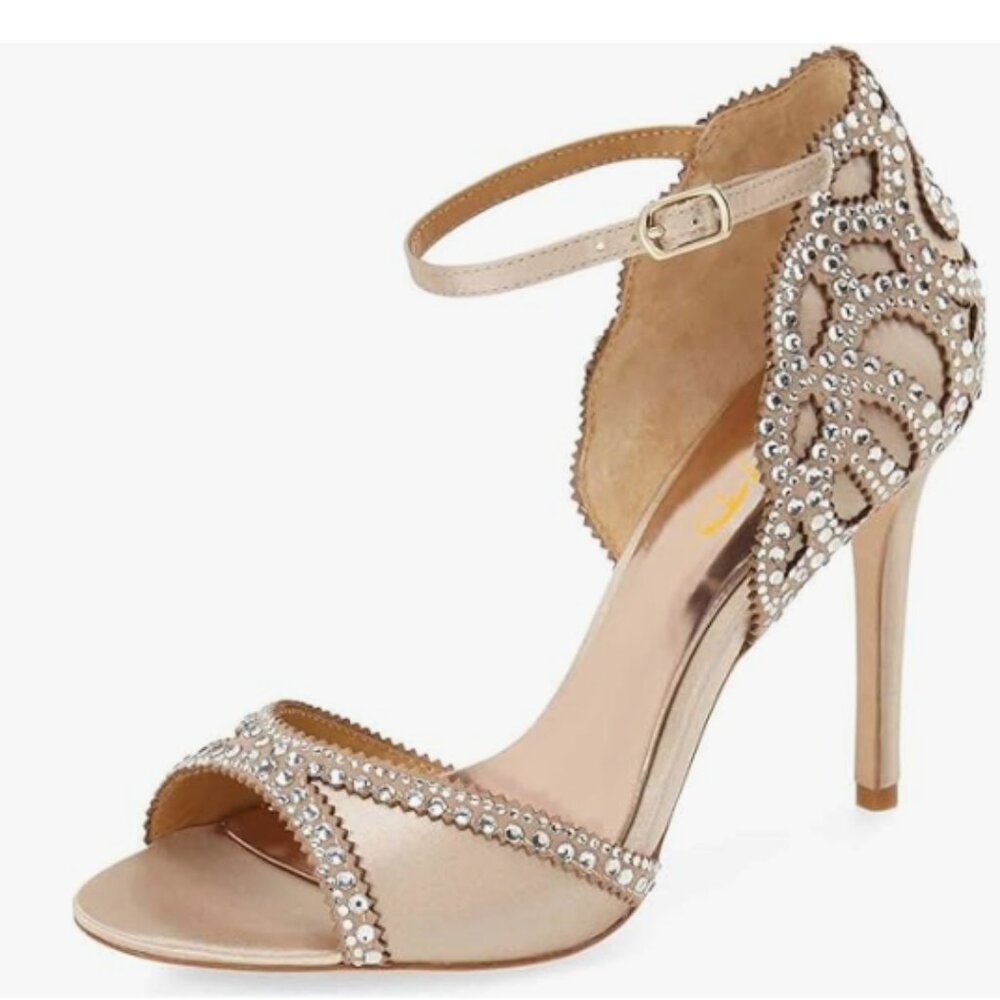 XYD Champagne Peep Toe D'Orsay High Heel Rhinestone Studs Ankle Strap Sandal